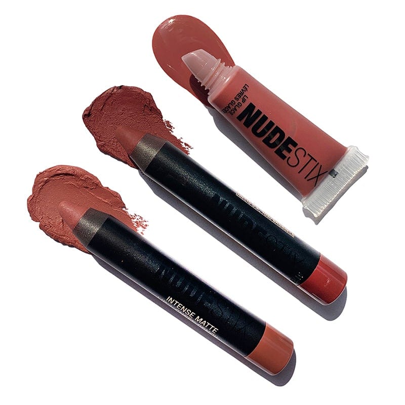Nude + Sultry Lips 3PC Mini Kit flat lay with texture swatches