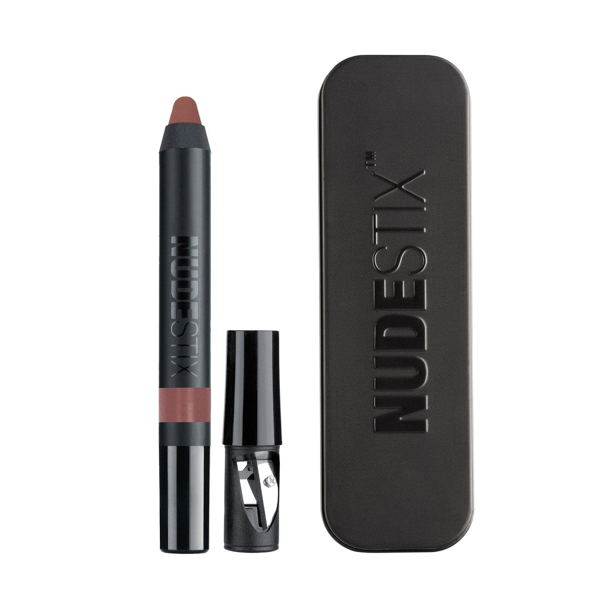 Intense Matte Lip + Cheek pencil in shade Belle with sharpener and Nudestix can
