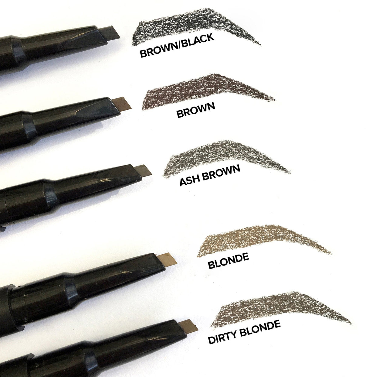 Stylus Eyebrow Pencil & Gel with swatches of shades ashbrown blonde brown brownblack dirtyblonde