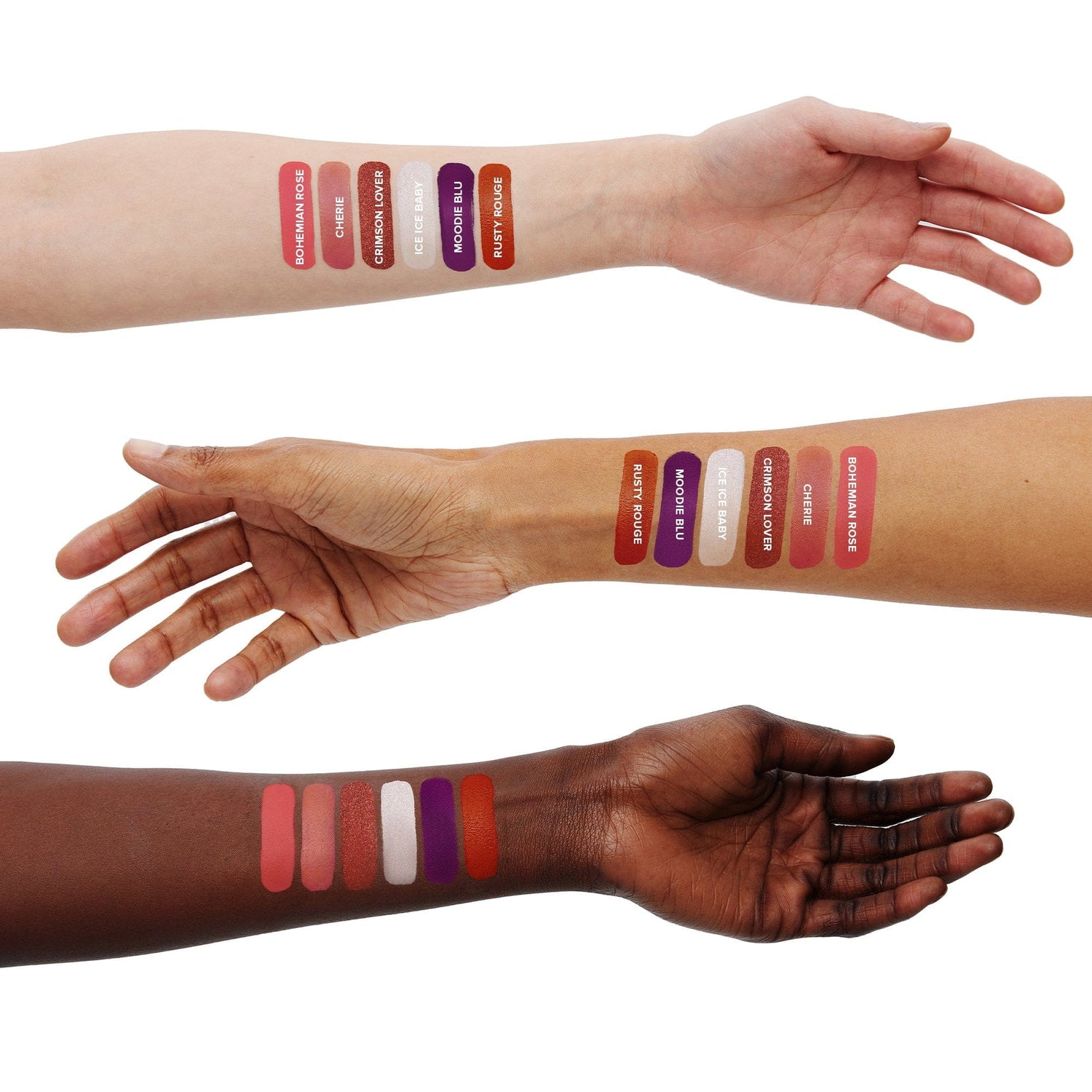 Three arms in different skin tones with swatches of all Nudies Glow Highlighter stick shades