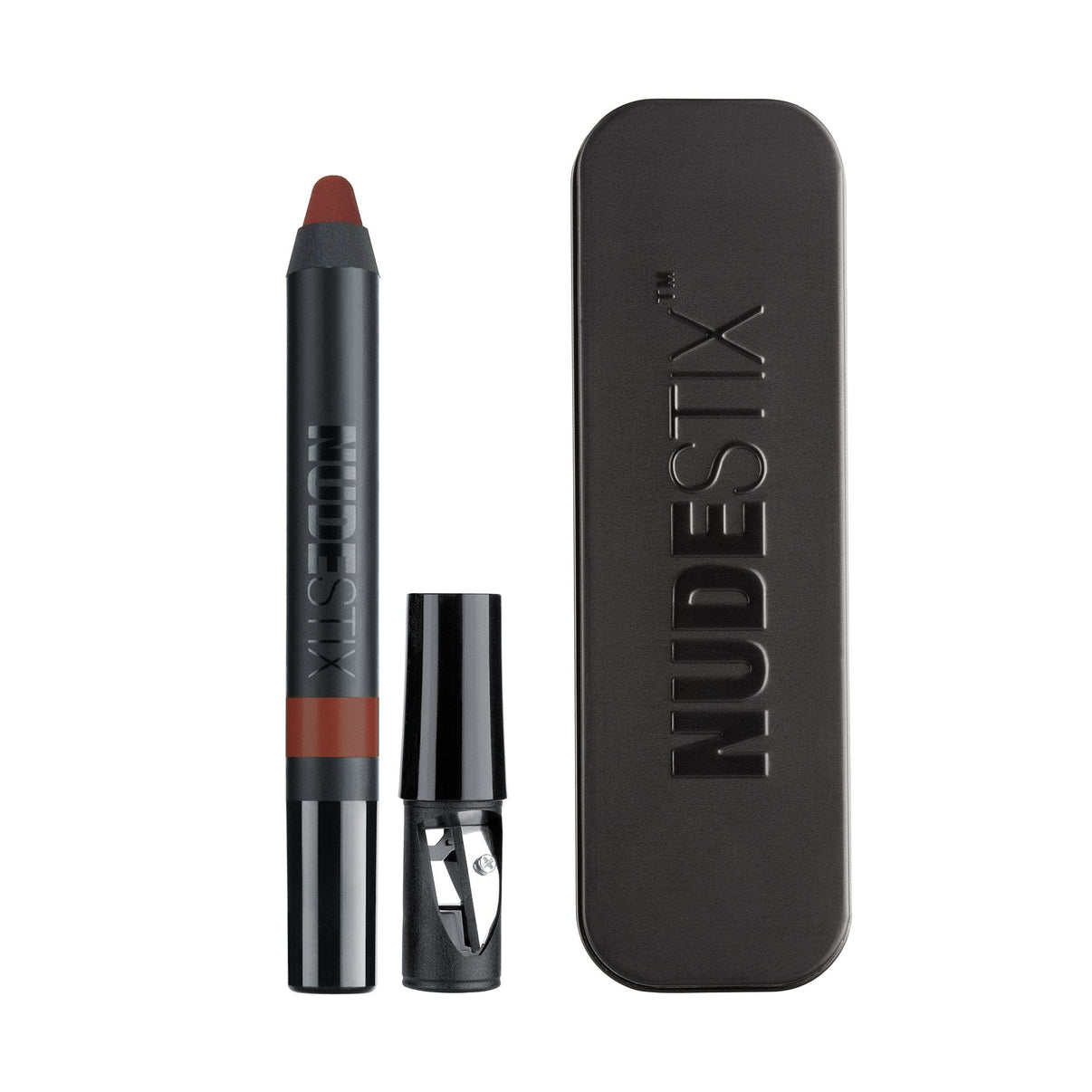 Intense Matte Lip + Cheek pencil in shade fringe with sharpener and nudestix can