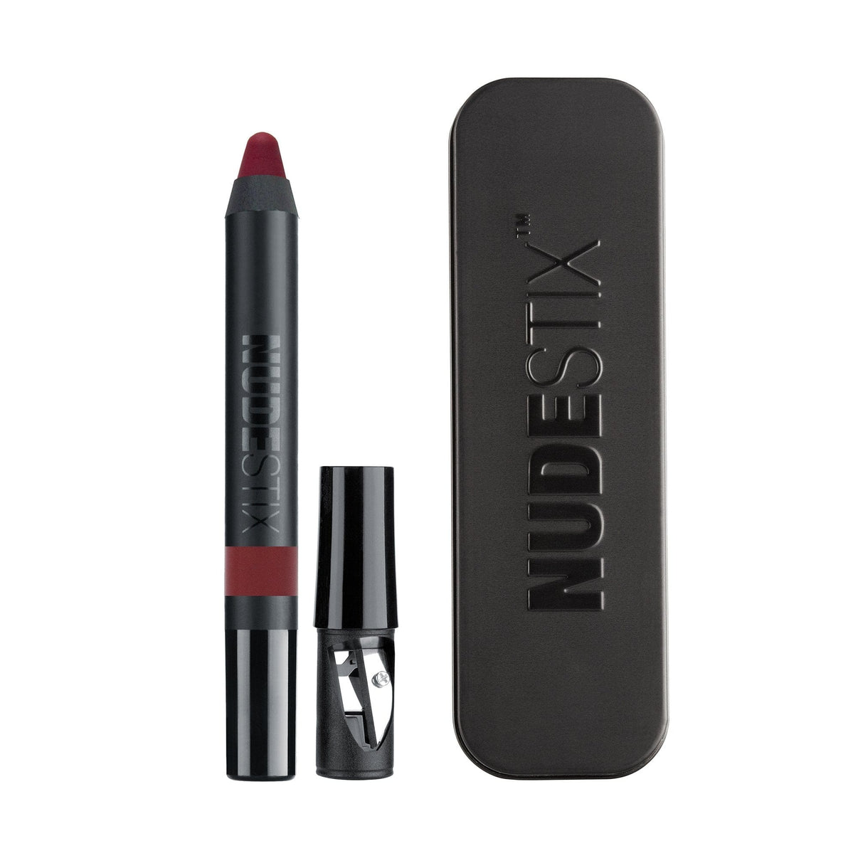 Intense matte lip + cheek in shade icon with sharpener and Nudestix can