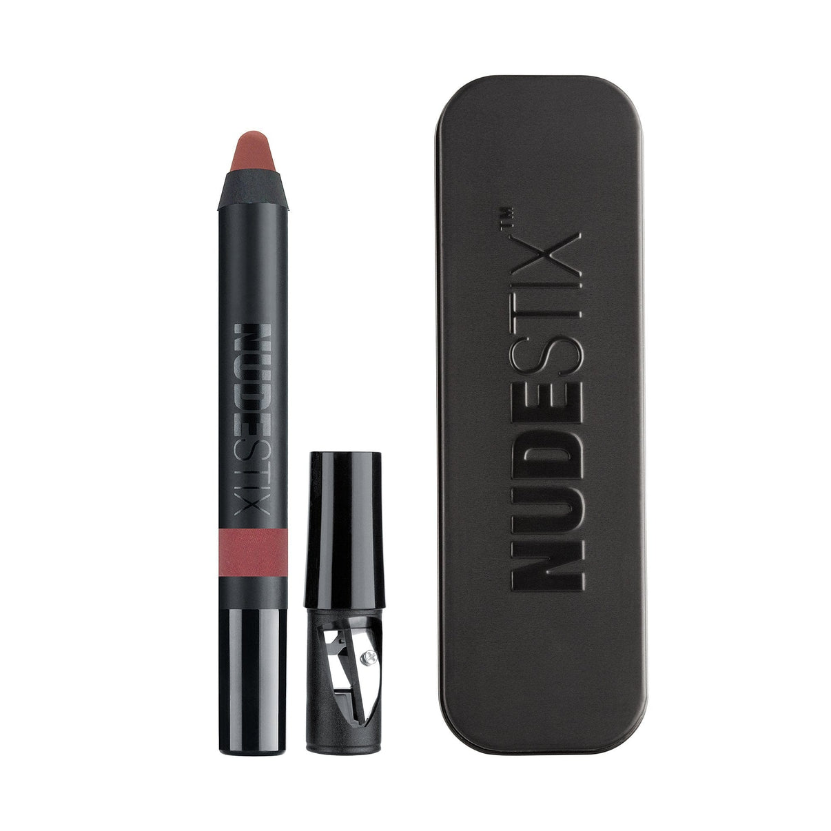Intense Matte Lip + Cheek pencil in shade purity with sharpener and Nudestix can