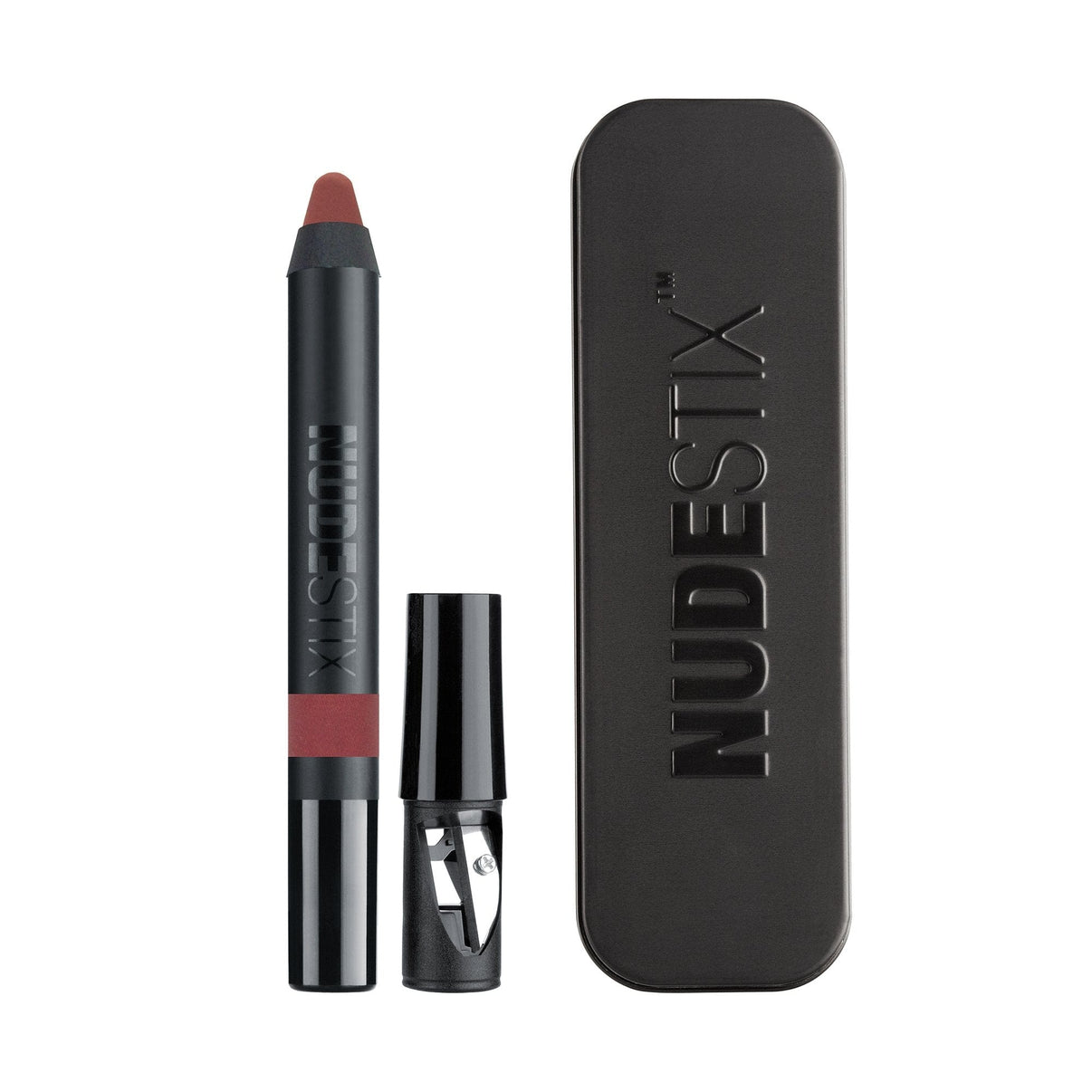 Intense Matte Lip + Cheek pencil in shade retro with sharpener and nudestix can