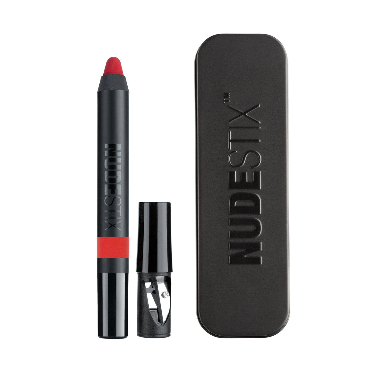 Intense Matte Lip + Cheek pencil in shade stiletto with sharpener and nudestix can