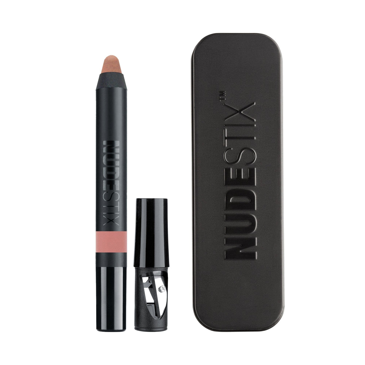 Intense Matte Lip + Cheek pencil in shade tamed with sharpener and nudestix can