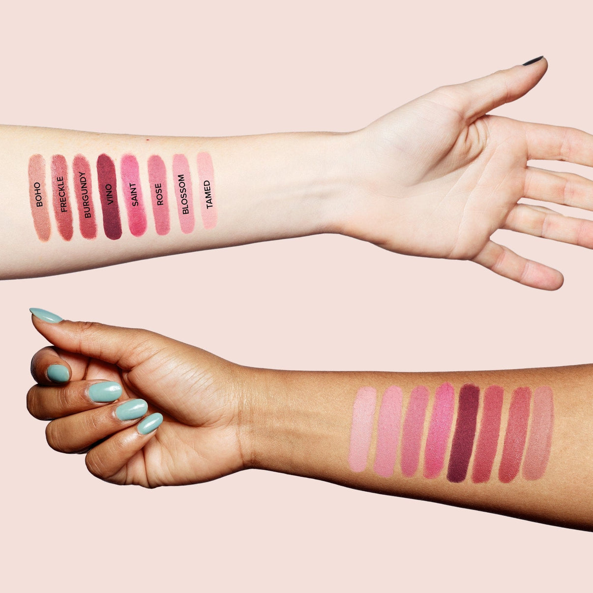 arm swatches of  Magnetic Matte Lip Color in shades blossom burgundy rose freckle boho vino saint