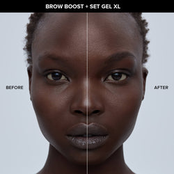 Before and after of dark skinned young woman wearing Nude Eye, Brow and Lashes kit