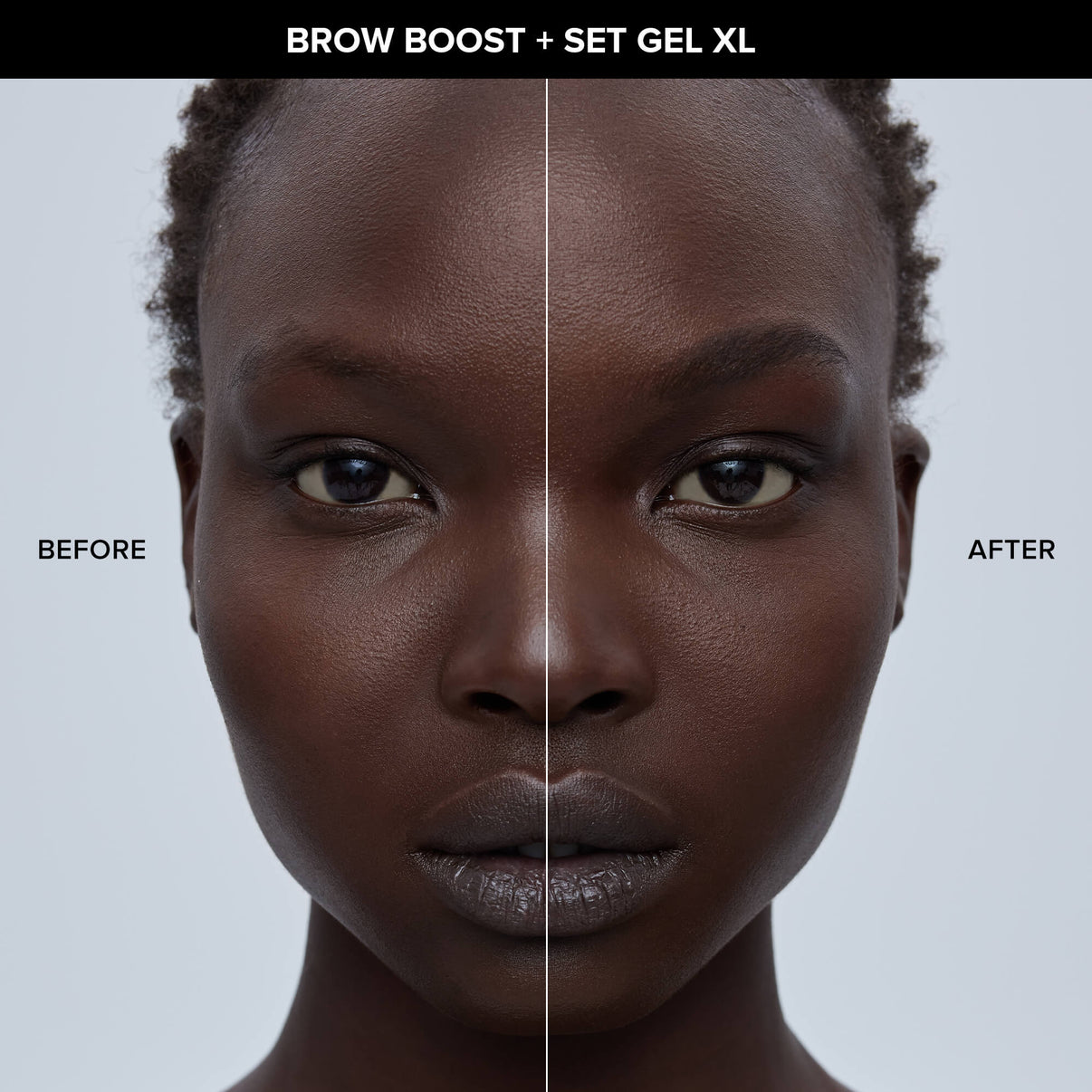 Before and after of dark skinned young woman wearing Nude Eye, Brow and Lashes kit