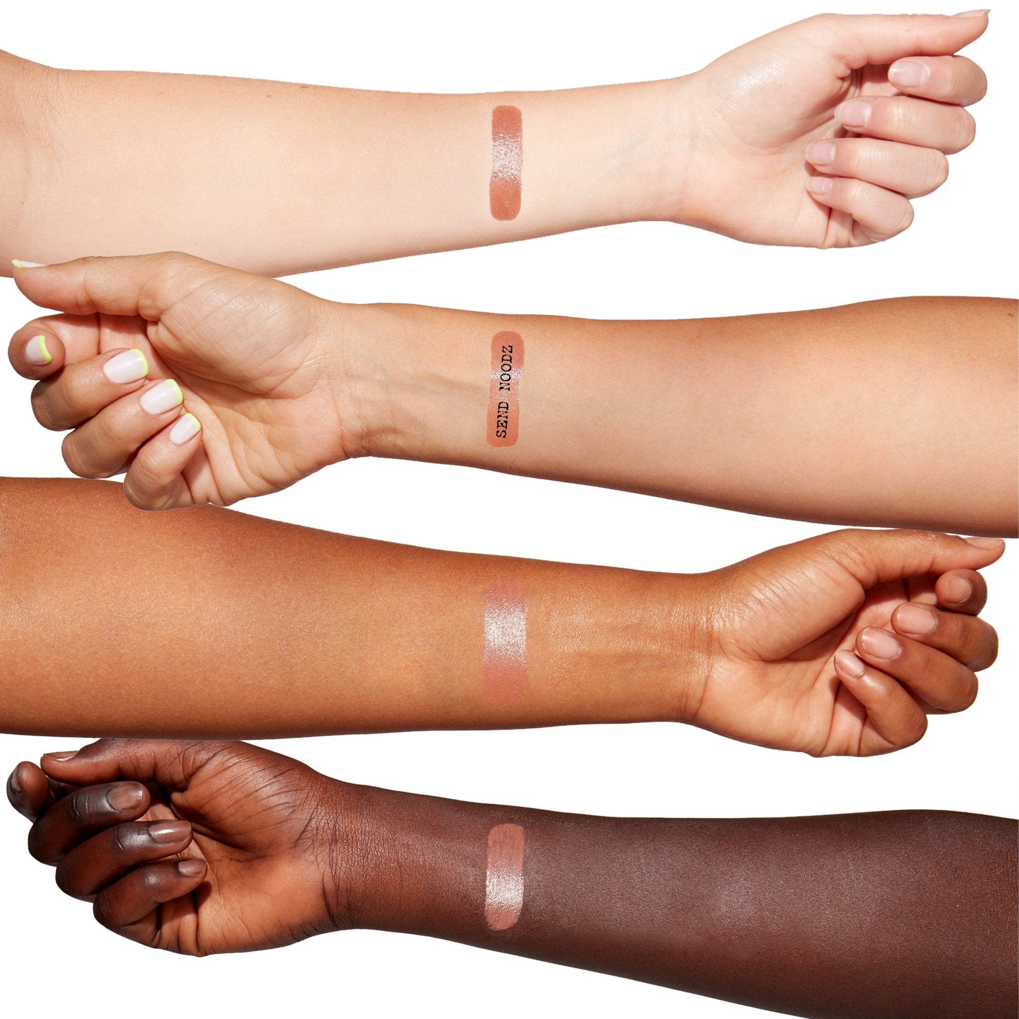 Arms in different skin tones with Send Noodz swatches 