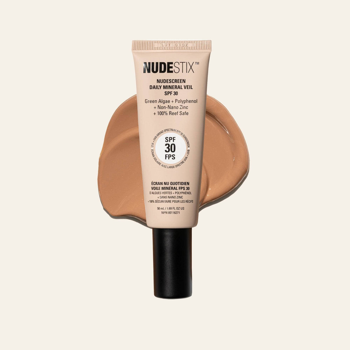 Nudescreen SPF Moisturizer in shade Tan with texture swatches