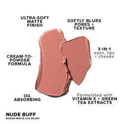 Nudies Matte Lux Nude Buff texture swatch and ingredient descriptions
